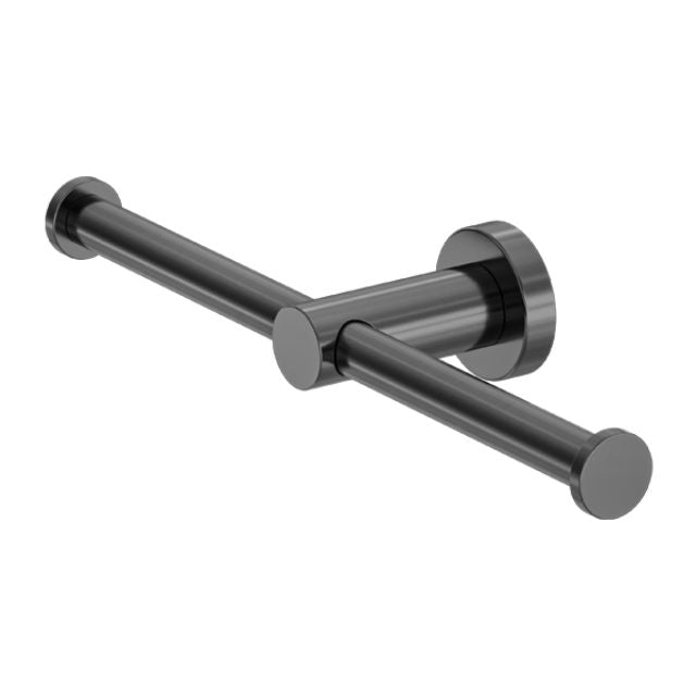 Nero Mecca double toilet roll holder in gun metal, wall-mounted with sleek round base and dual arms