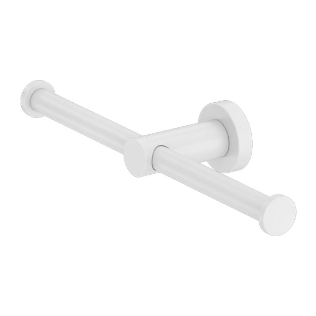 Nero Mecca double toilet roll holder in matte white, wall-mounted bathroom accessory with two cylindrical arms