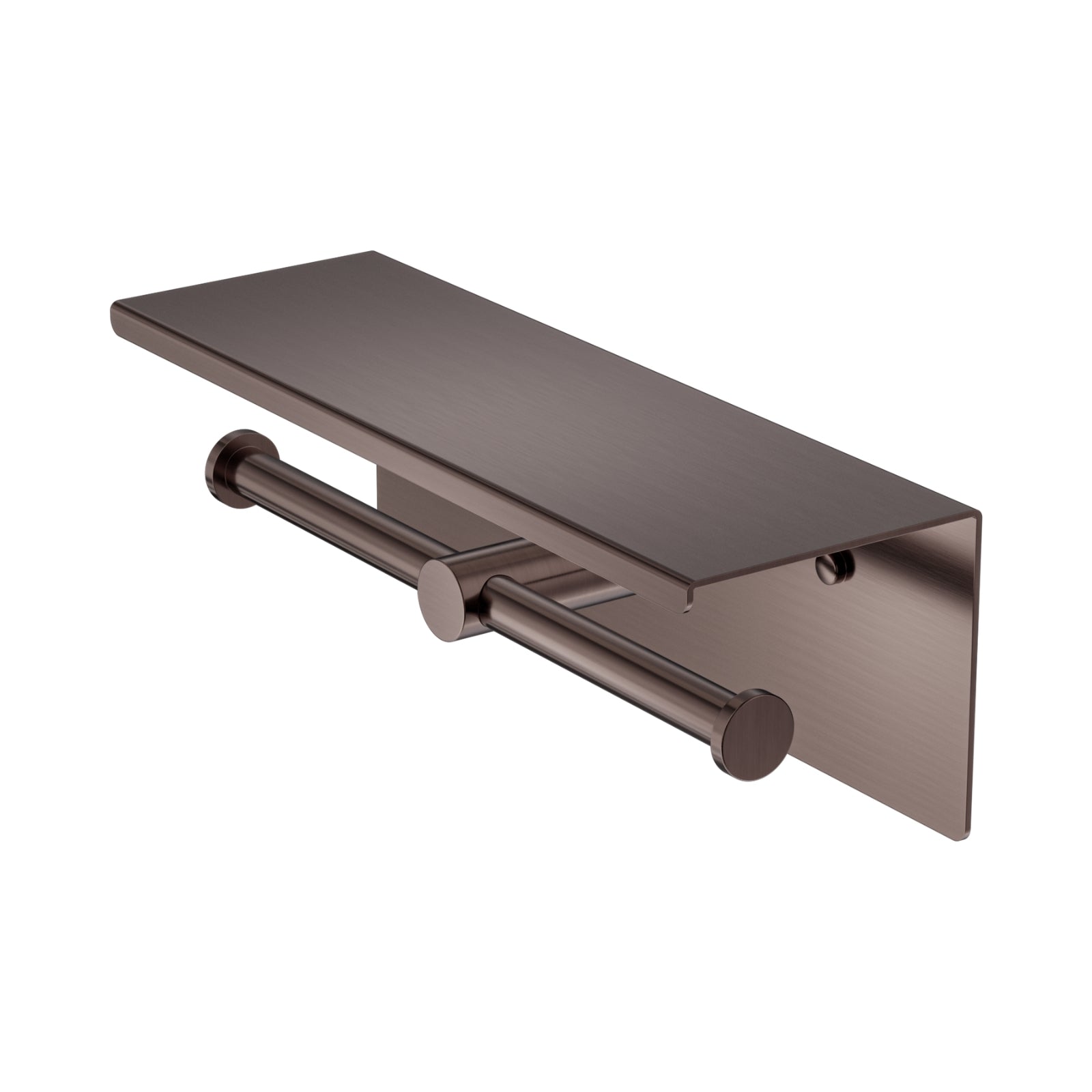Nero Mecca double toilet roll holder with shelf in brushed bronze, wall-mounted with two-roll bar and top shelf