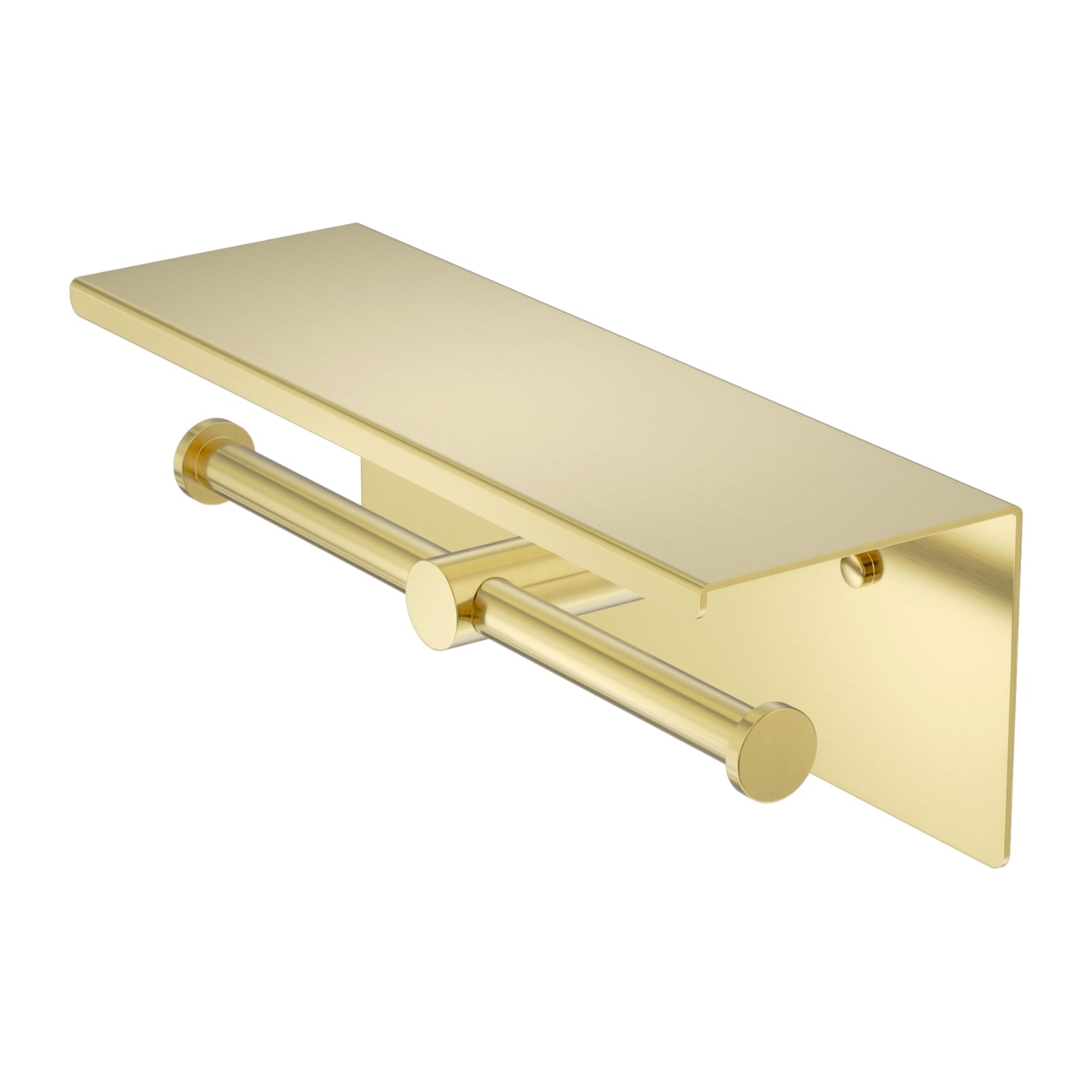Nero Mecca double toilet roll holder with shelf in brushed gold, wall-mounted bathroom accessory with sleek rectangular design