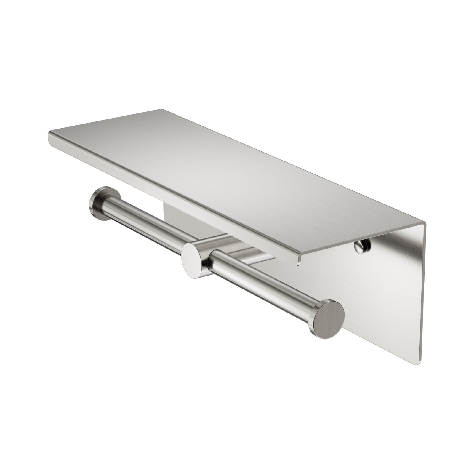 Nero Mecca double toilet roll holder with shelf in brushed nickel, stainless steel bathroom accessory on white background