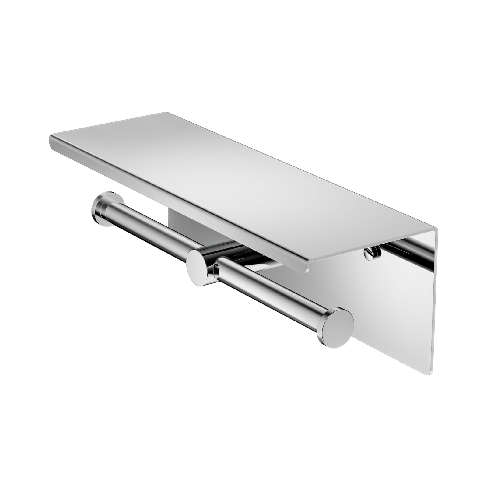 Nero Mecca chrome double toilet roll holder with shelf, stainless steel bathroom accessory on white background
