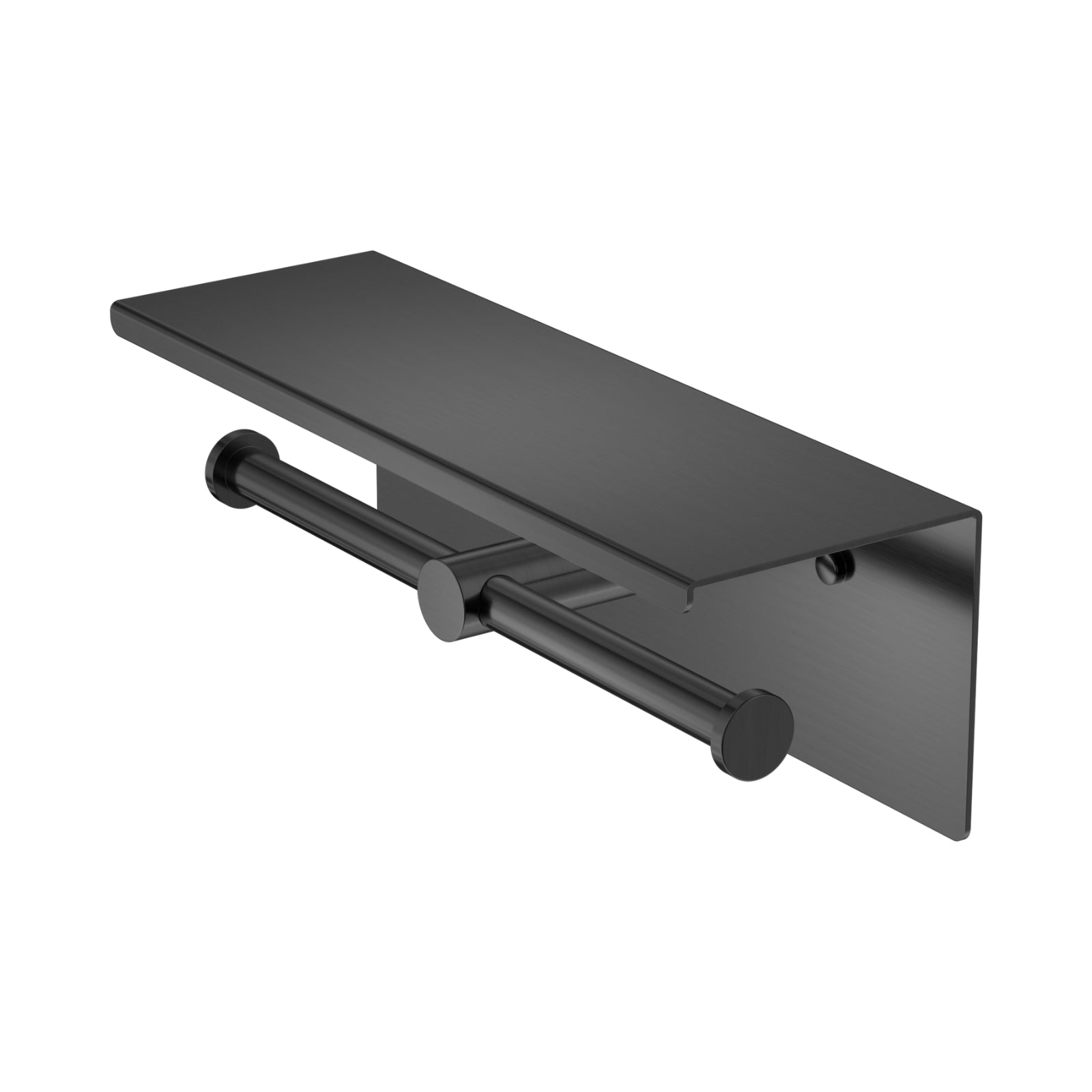 Nero Mecca double toilet roll holder with shelf in gun metal, shown in angled studio view.