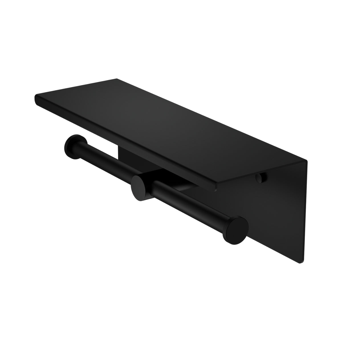 Nero Mecca double toilet roll holder with shelf in matte black, angled front view on white background