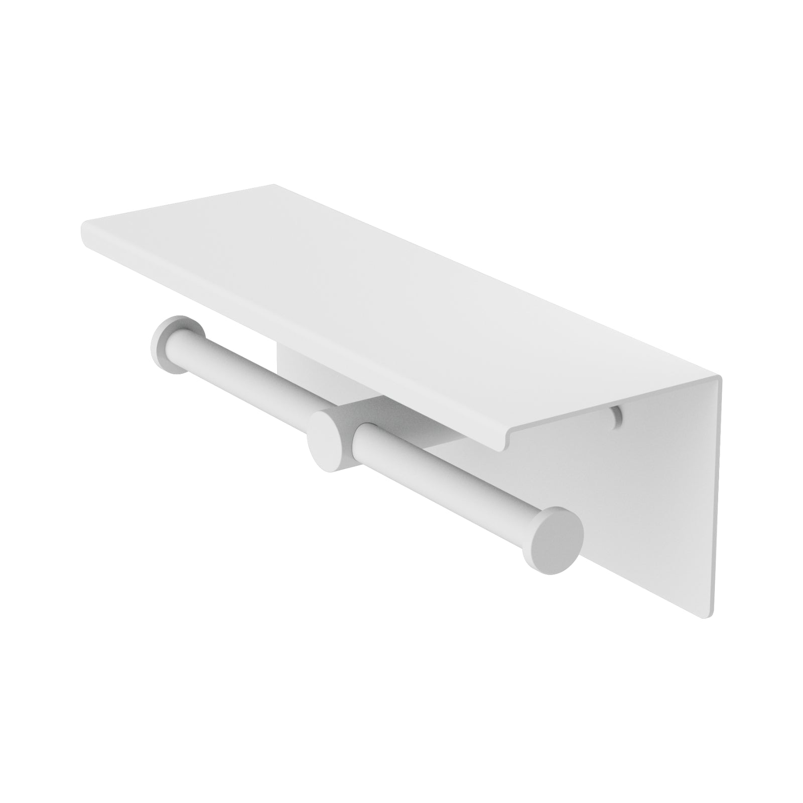 Nero Mecca matte white double toilet roll holder with shelf, wall-mounted bathroom accessory