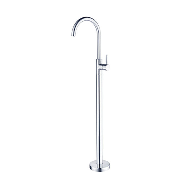 Nero Mecca freestanding bath mixer in chrome, floor-mounted tap with curved spout on round base, isolated on white
