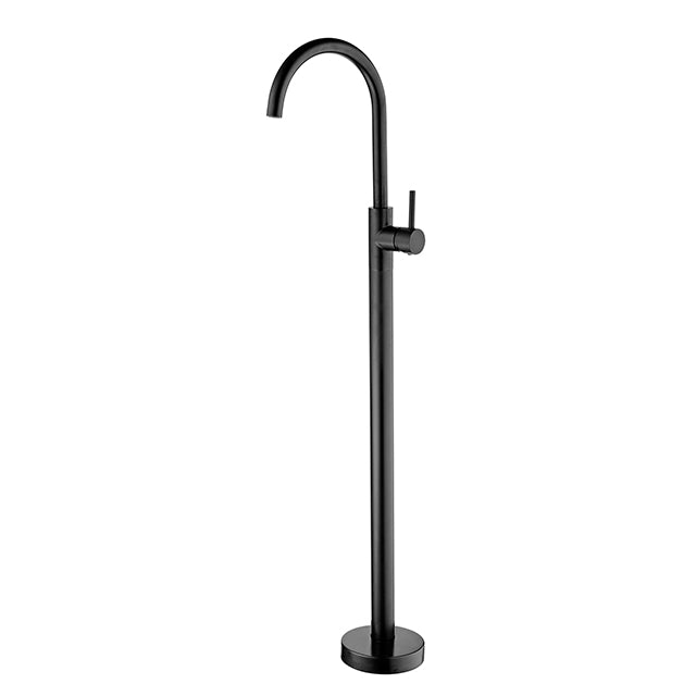 Nero Mecca freestanding bath mixer in matte black, floor-mounted tall tap with curved spout