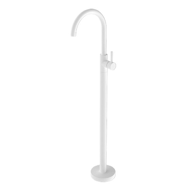Nero Mecca freestanding bath mixer in matte white, floor-mounted brass tap with curved spout, front view
