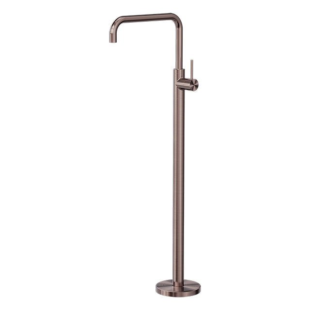 Nero Mecca floor-mounted freestanding bath mixer tap in brushed bronze, square profile with curved spout