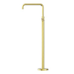 Nero Mecca freestanding bath mixer tap, square brushed gold finish, floor-mounted with tall curved spout on round base