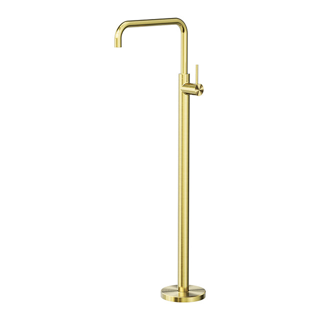 Nero Mecca freestanding bath mixer tap, square brushed gold floor-mounted design, side view