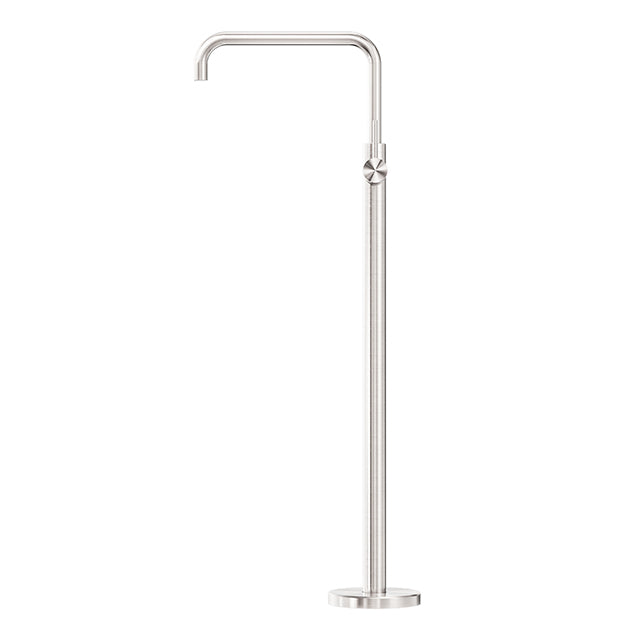 Nero Mecca freestanding bath mixer tap in brushed nickel, square floor-mounted design with curved spout, front view
