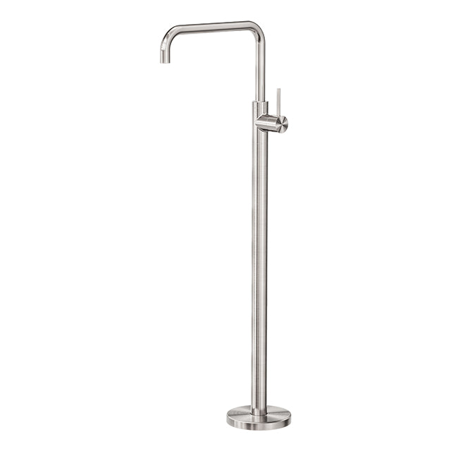 Nero Mecca freestanding bath mixer tap in brushed nickel, square design, floor-mounted with round base and single lever handle