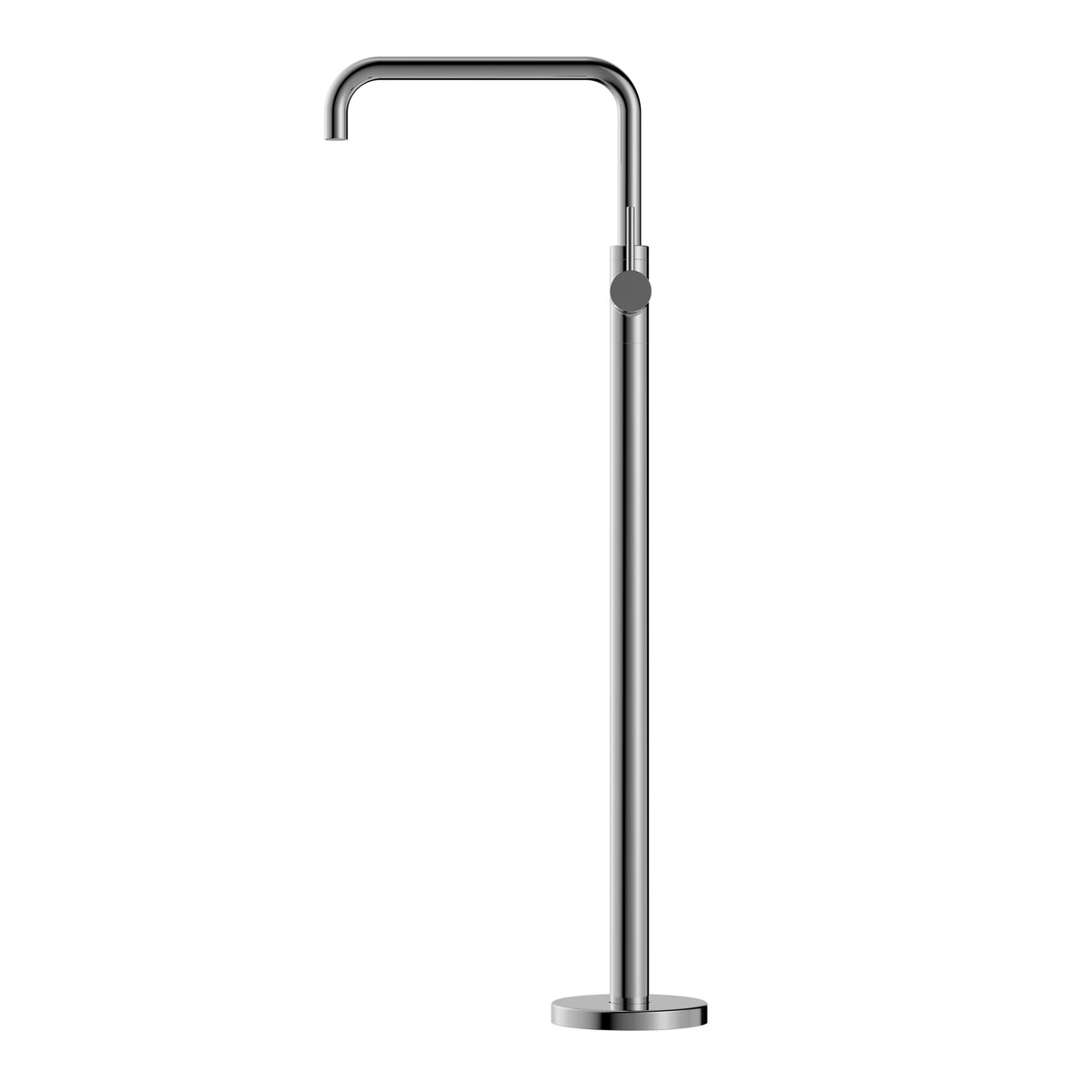 Nero Mecca freestanding bath mixer in chrome, floor-mounted with square profile and tall curved spout on white background