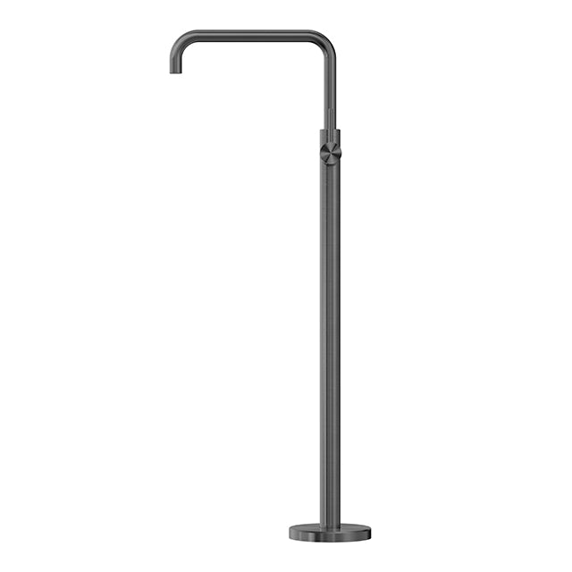 Nero Mecca floor-mounted bath mixer in gunmetal, square profile with tall freestanding spout on round base, side view