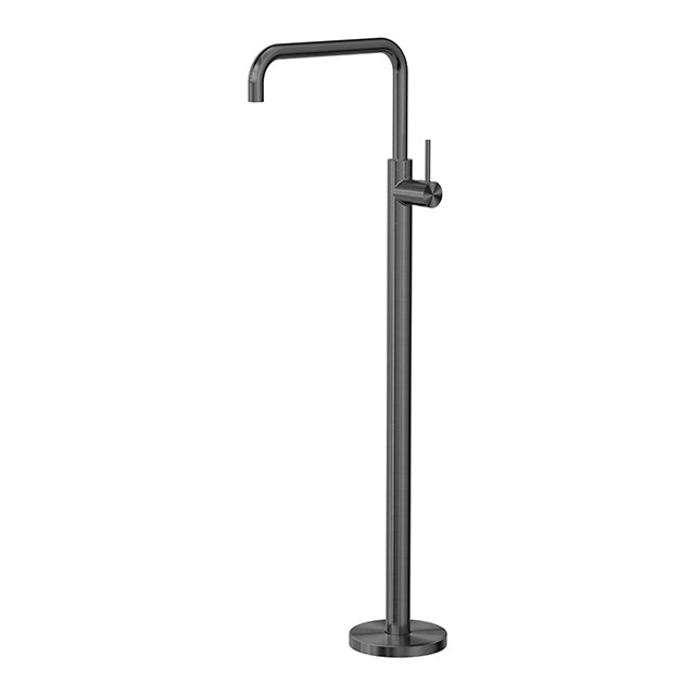 Nero Mecca freestanding bath mixer tap in gun metal, square floor-mounted design with single lever handle and tall curved spout