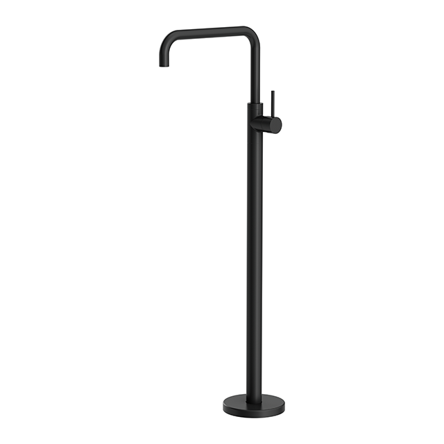 Nero Mecca freestanding bath mixer tap in matte black, square floor-mounted design with tall curved spout