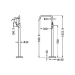 Nero Mecca freestanding bath mixer technical drawing, square brushed nickel floor-mounted tap with dimensions shown