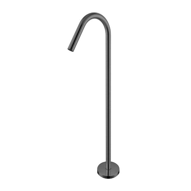 Nero Mecca floor-mounted bath spout in graphite, shown front on with a slim curved gooseneck and round base.