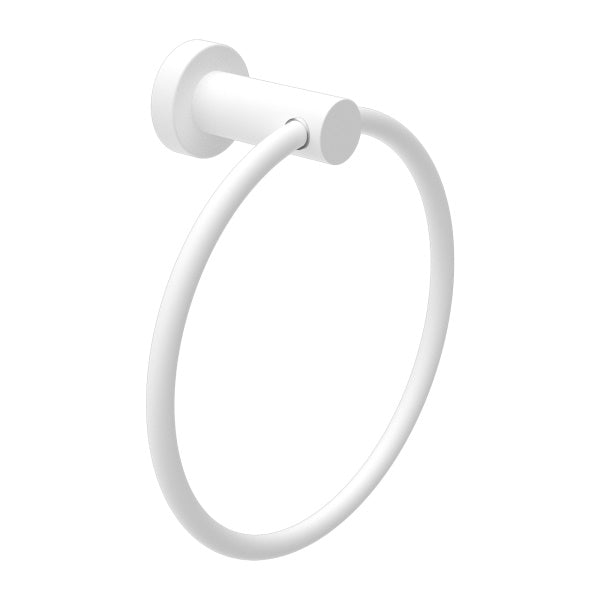 Nero Mecca matte white hand towel ring, wall-mounted bathroom accessory, round profile on white background