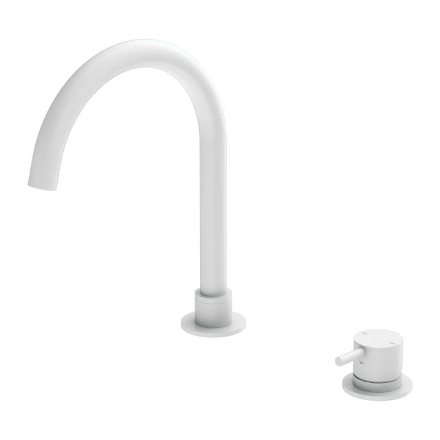 Nero Mecca hob basin mixer in matte white with round swivel spout, shown with side handle on white background