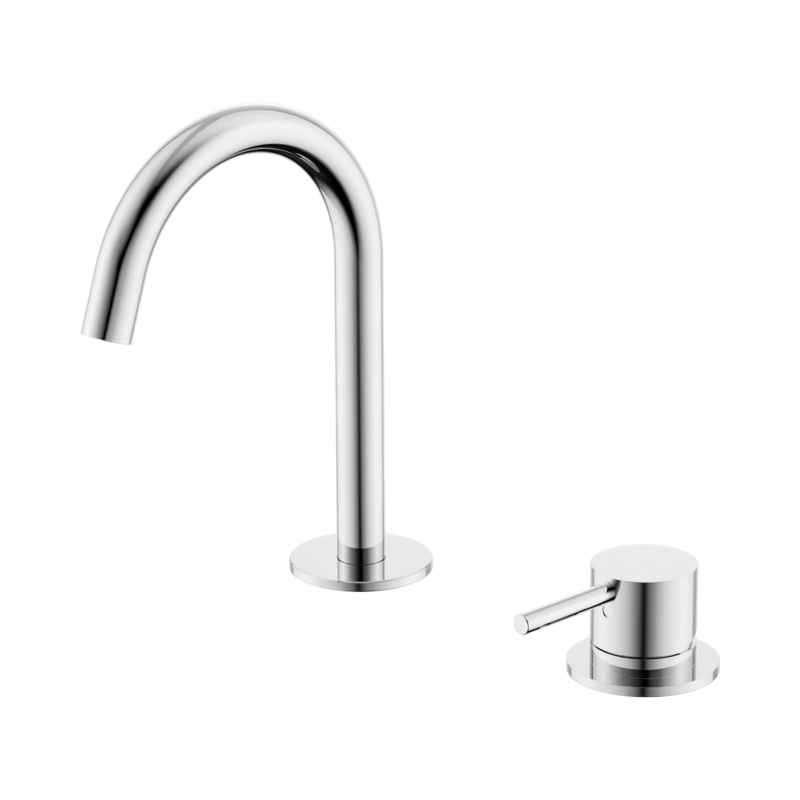 Nero Mecca hob basin mixer set with arc spout and chrome finish, shown with separate handle on white background