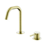 Nero Mecca brushed gold hob basin mixer set with curved edge spout and round handle mixer, two-piece on white background
