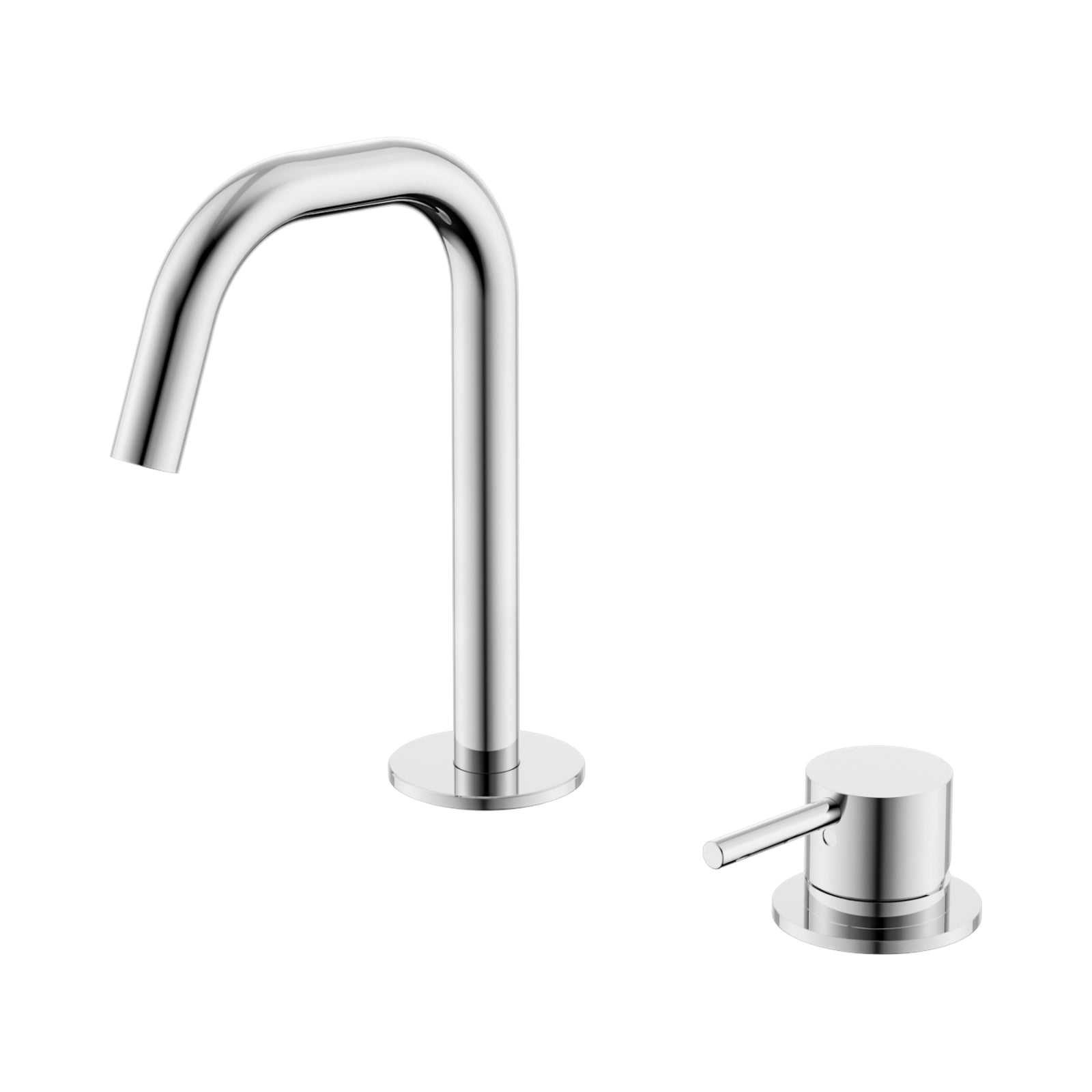 Nero Mecca hob basin mixer set with chrome edge spout and matching handle, shown on white background