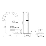 Technical drawing of Nero Mecca hob basin mixer set with edge spout, showing dimensions and side/front views in white outline