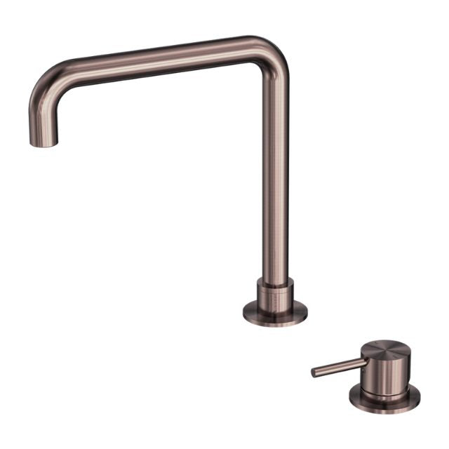 Nero Mecca hob basin mixer and matching square swivel spout, brushed bronze tapware set, isolated on white background