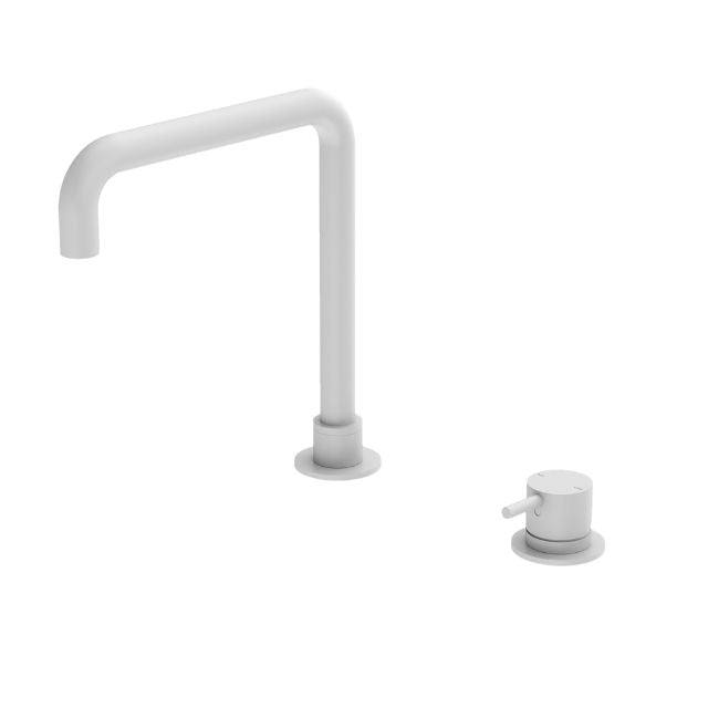 Nero Mecca matte white hob basin mixer with square swivel spout, shown with separate round control handle on white background