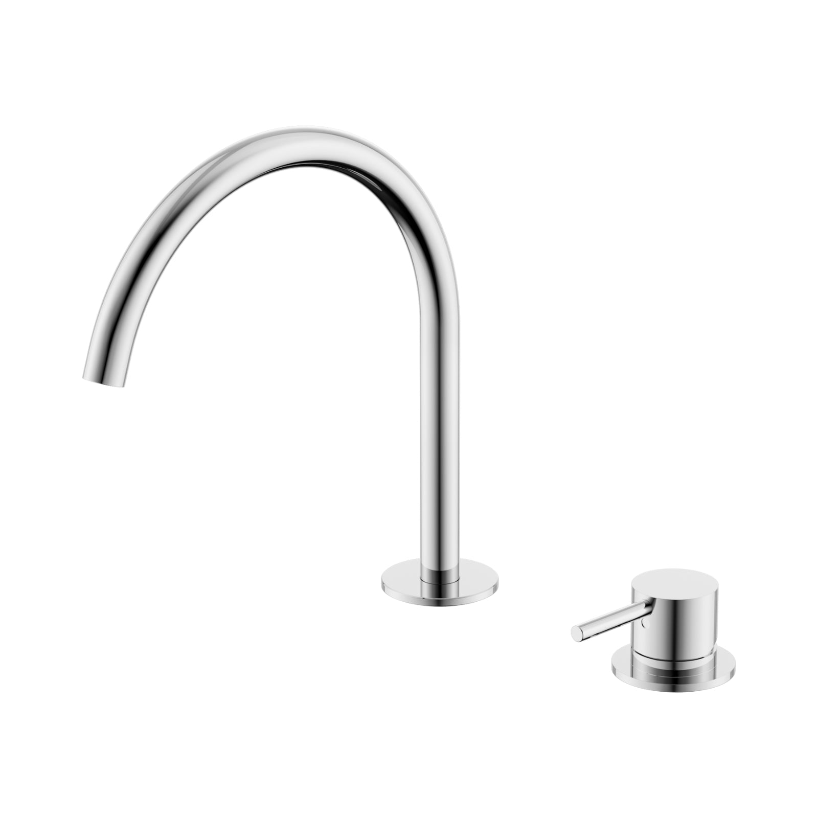 Nero Mecca chrome hob mixer set with arc gooseneck spout and round handle base, shown on white background