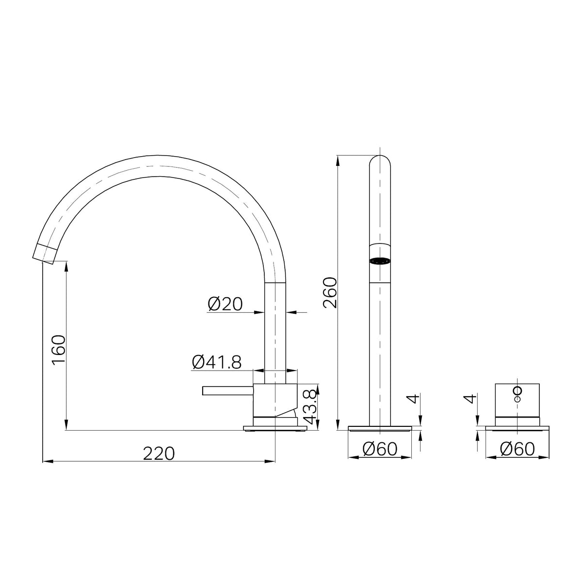 Technical drawing of Nero Mecca Hob Bath/Kitchen Mixer Set with arc spout, showing dimensions and side/front views in black linework