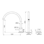 Technical drawing of Nero Mecca arc spout mixer set, showing side and front views with dimensions in matte white.