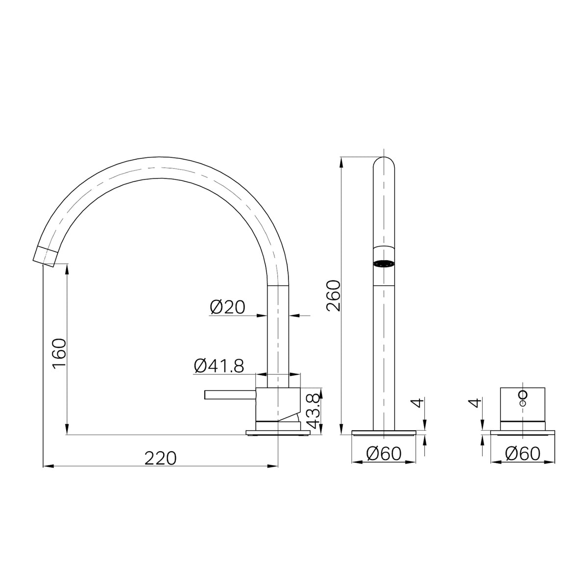 Technical drawing of Nero Mecca arc spout mixer set, showing side and front views with dimensions in matte white.