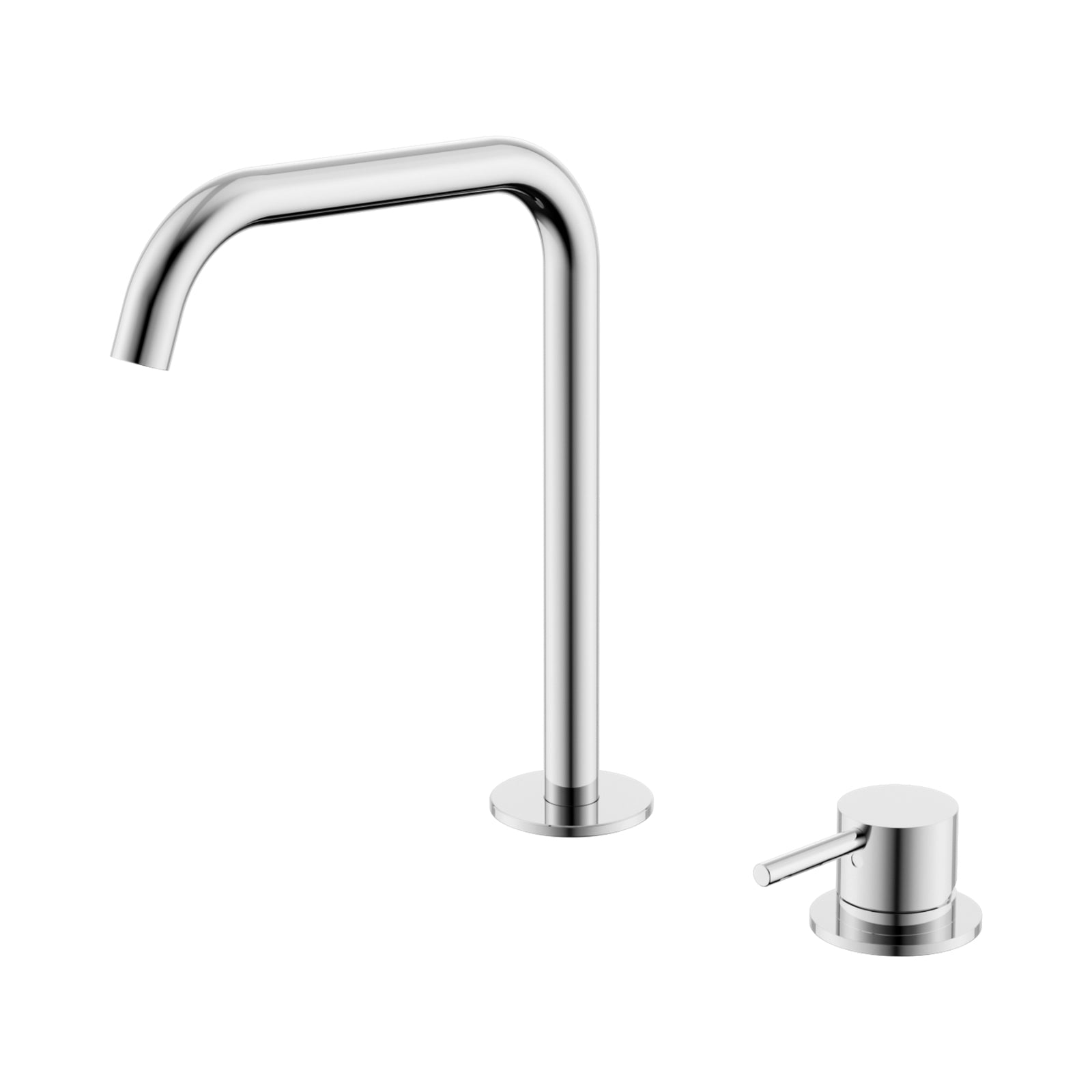 Nero Mecca chrome hob-mounted mixer set with edge gooseneck spout and matching handle on white background