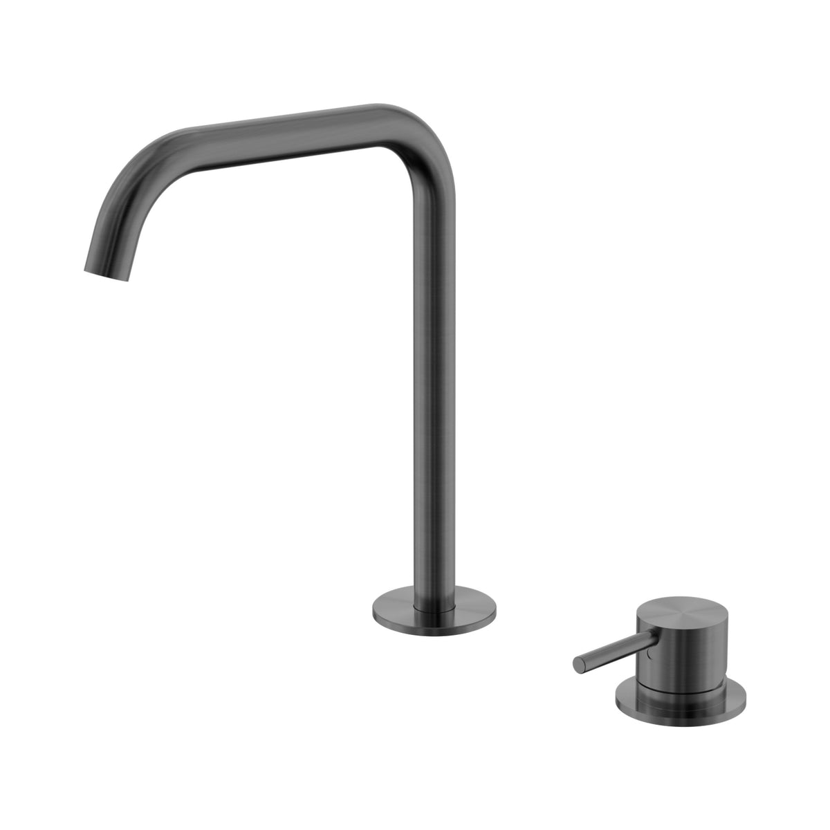 Nero Mecca hob bath/kitchen mixer set in gun metal, with separate swivel edge spout and matching handle.