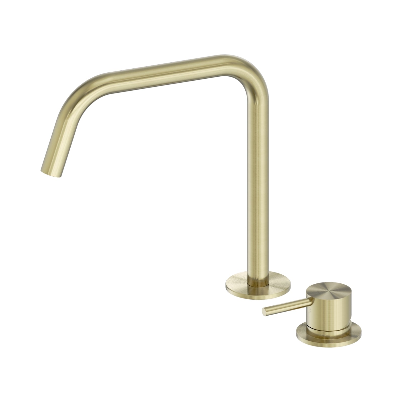 Nero Mecca brushed gold hob mixer set with swivel gooseneck spout and separate lever handle on white background