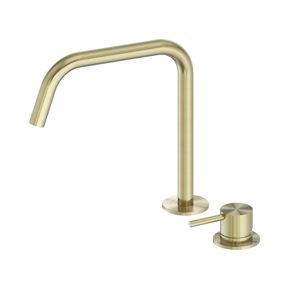 Nero Mecca brushed gold hob mixer set with swivel gooseneck spout and separate lever handle on white background