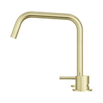 Nero Mecca brushed gold gooseneck mixer tap with swivel spout, shown in side view on white background