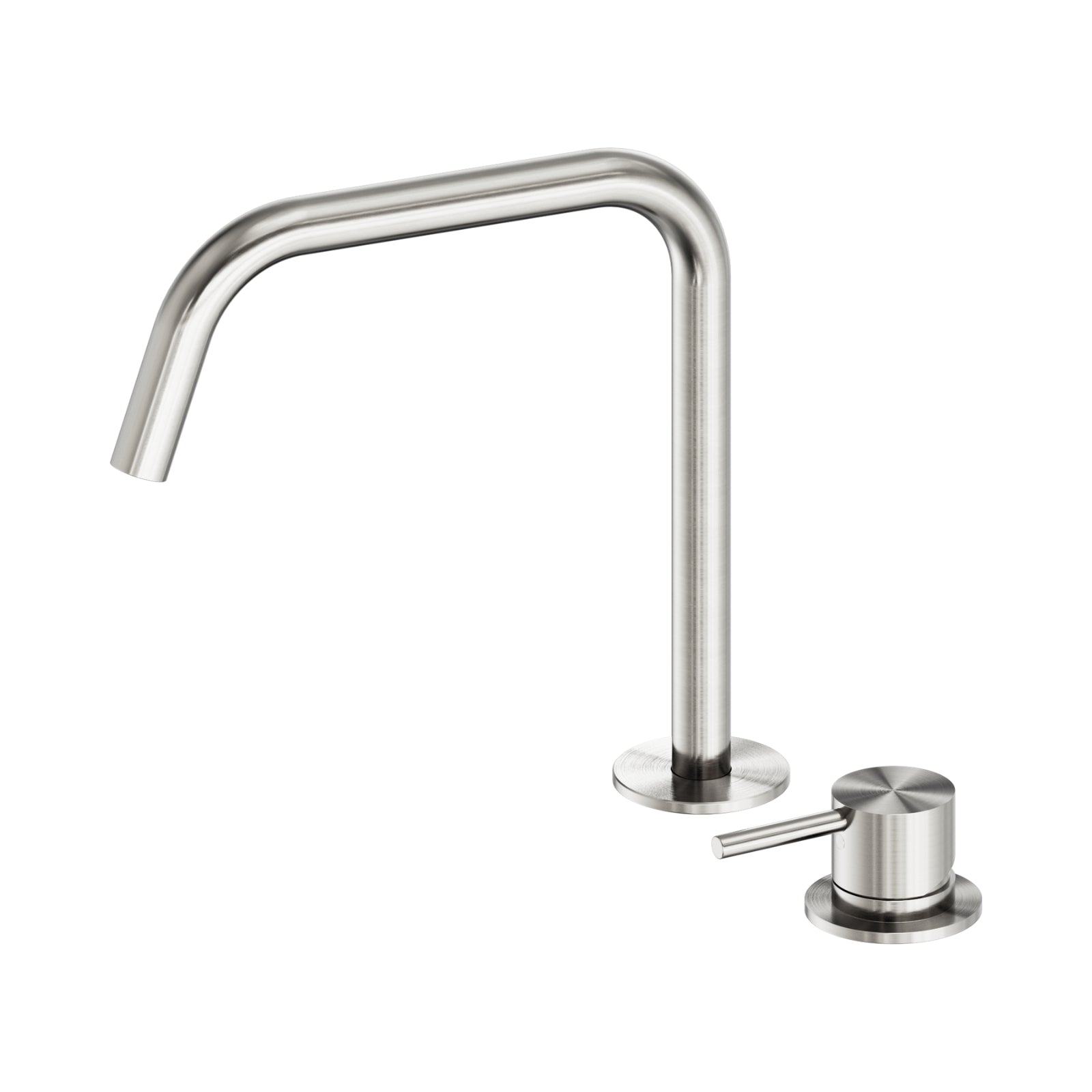 Nero Mecca brushed nickel hob mixer set with edge gooseneck spout and matching lever handle, on white background