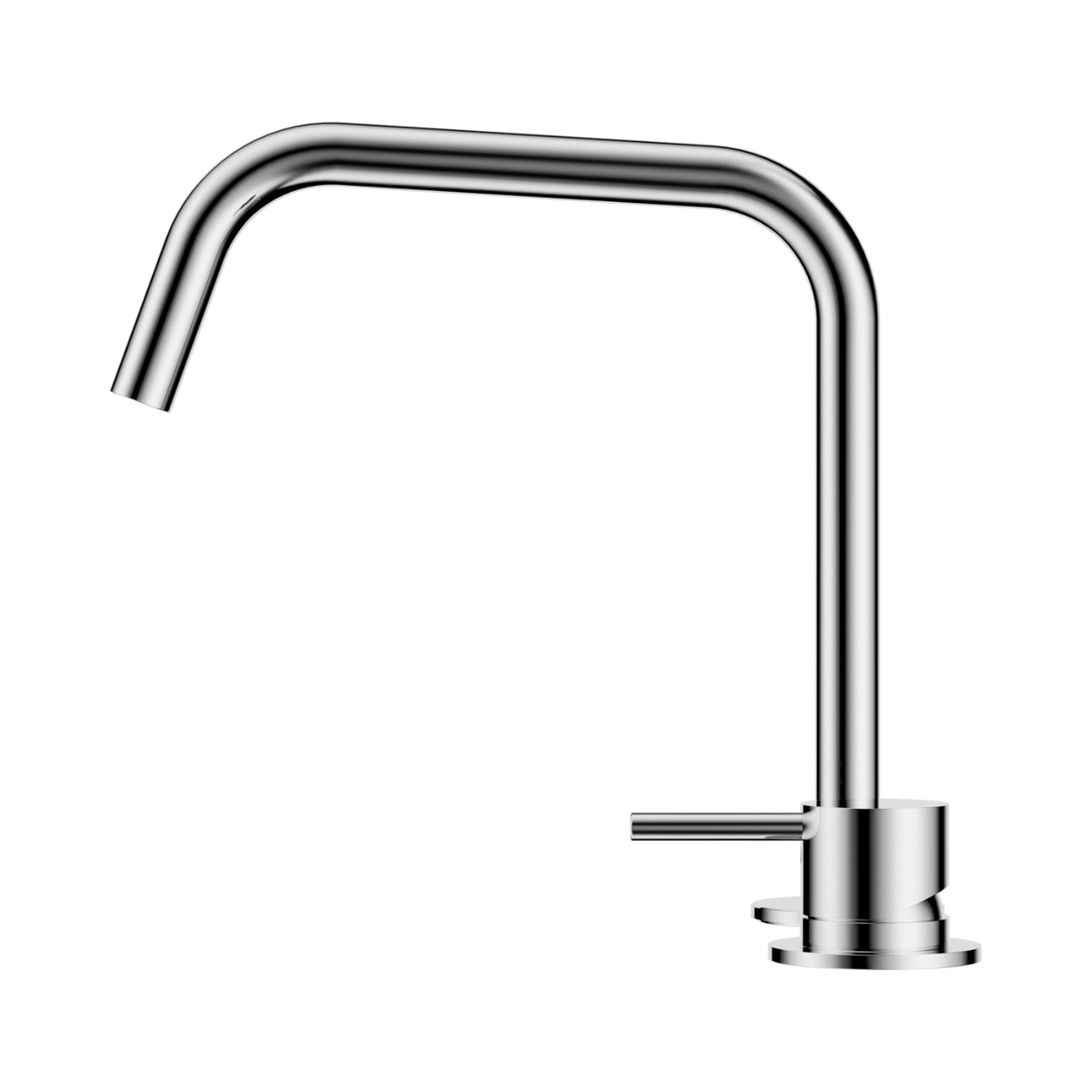 Nero Mecca chrome hob mixer with round base and curved gooseneck spout, shown front on white background