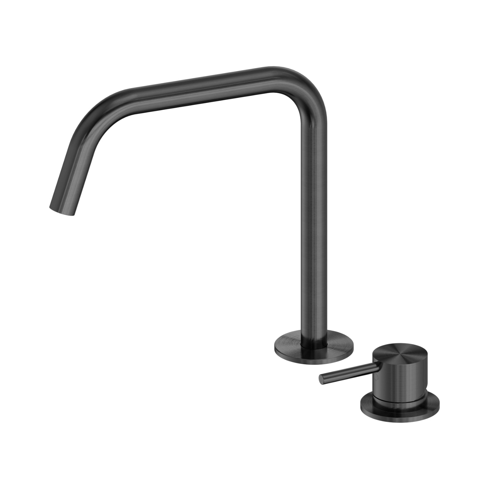Nero Mecca hob mixer set in gunmetal, with gooseneck swivel spout and round lever handle on a white background