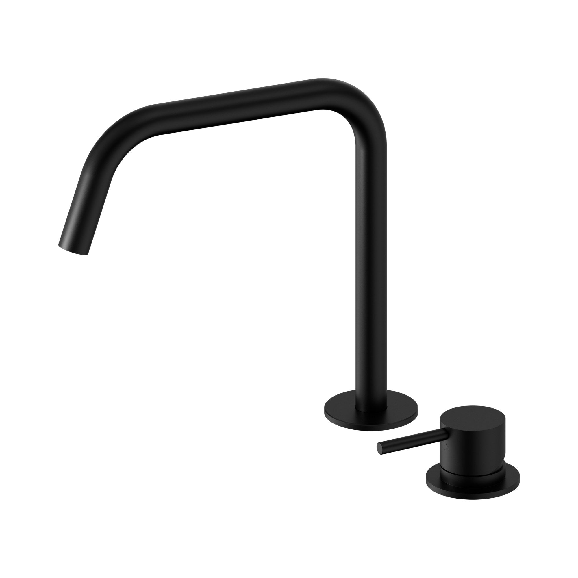 Nero Mecca hob bath mixer set in matte black with edge spout and round lever handle on white background