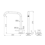 Technical drawing of Nero Mecca matte black hob mixer set with edge spout and separate handle, showing dimensions.