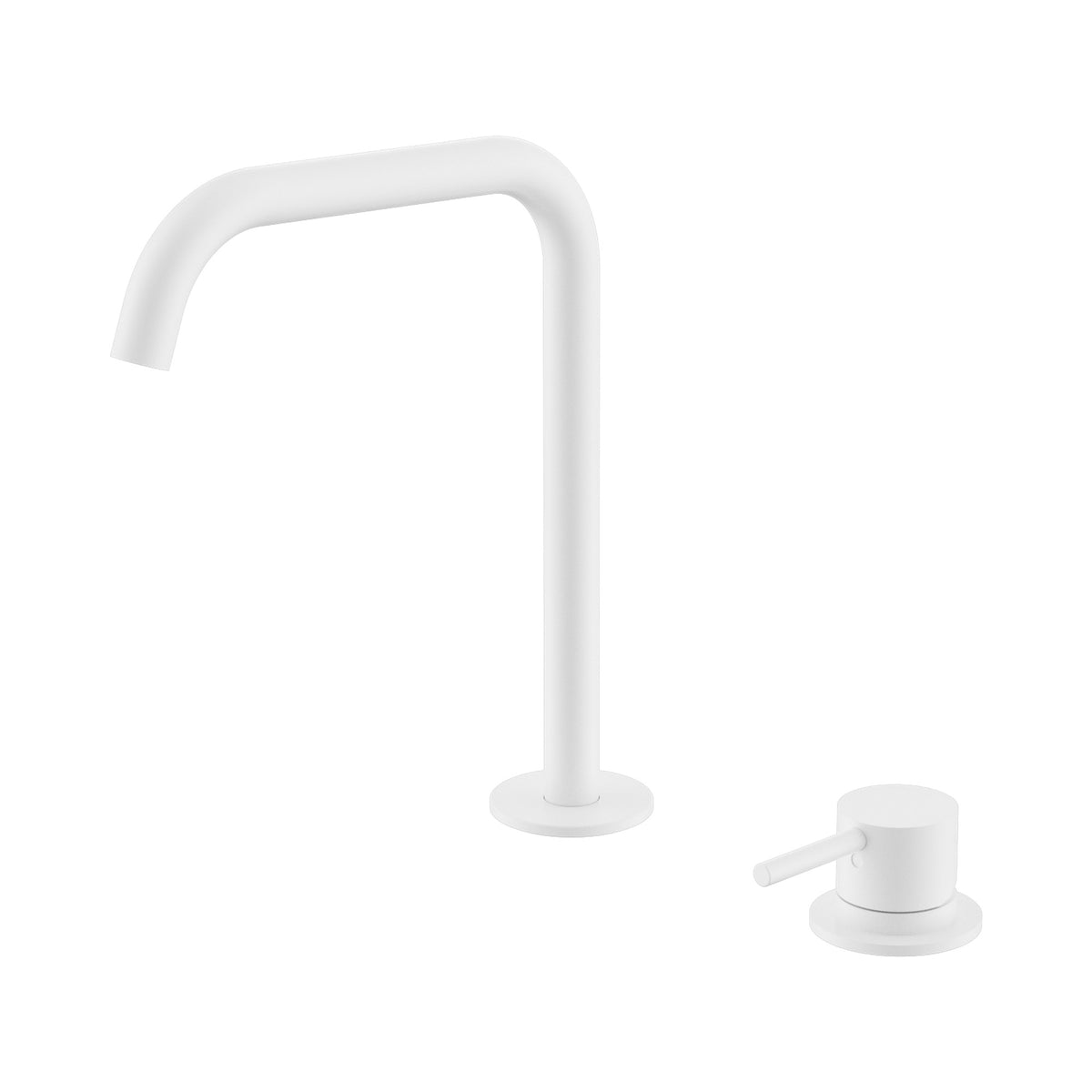 Nero Mecca hob bath/kitchen mixer set with edge spout and separate handle, matte white, on white background