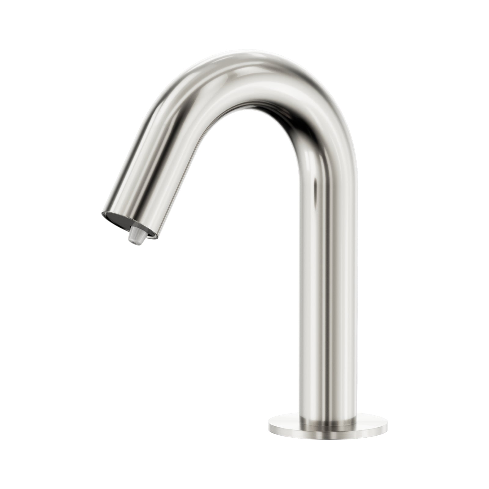 Nero Mecca hob mounted sensor soap dispenser in brushed nickel, shown in a sleek curved front view on white background