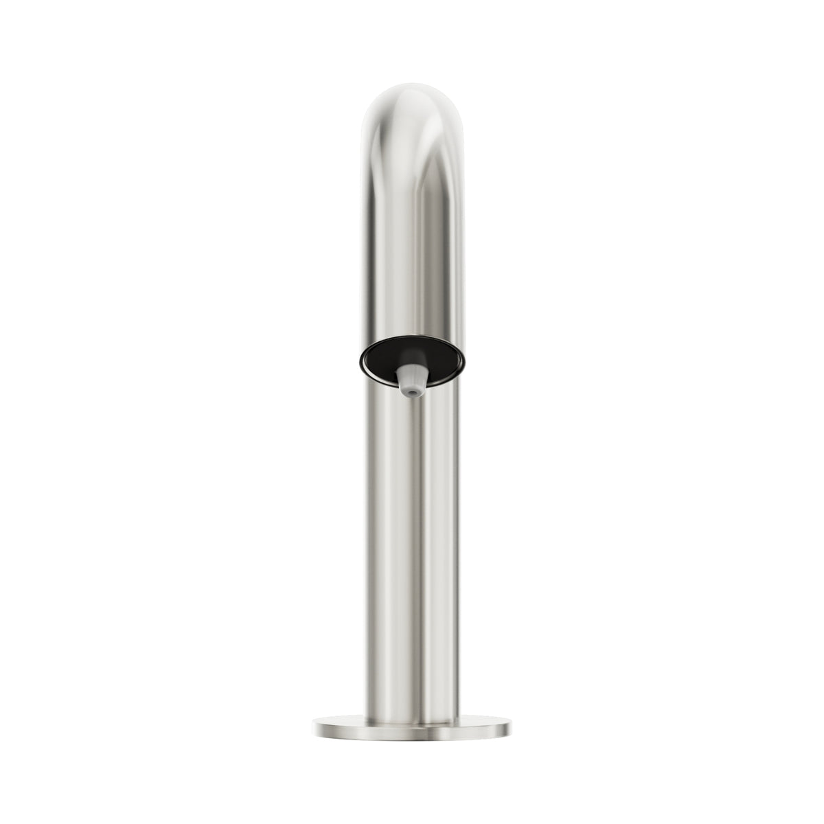 Nero Mecca hob mounted sensor soap dispenser in brushed nickel, shown front on a white background with round base and nozzle.