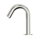 Nero Mecca hob mounted sensor soap dispenser in brushed nickel, shown in a side view on white background