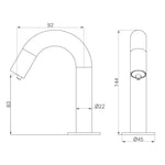 Nero Mecca hob mounted sensor soap dispenser technical drawing in brushed nickel, showing side and front views with dimensions